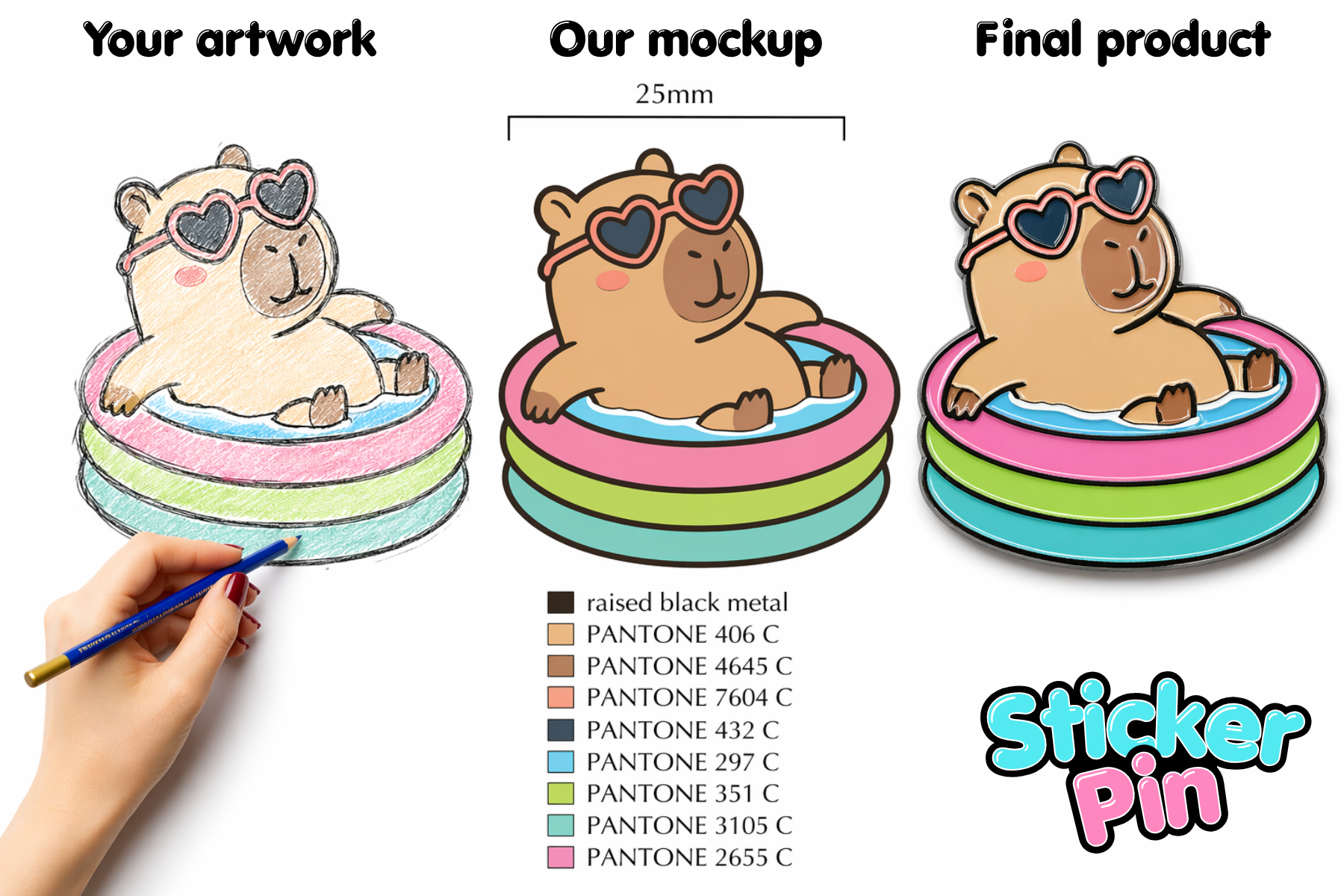 Sticker pin design process from artwork to final product with a hand holding a pen.